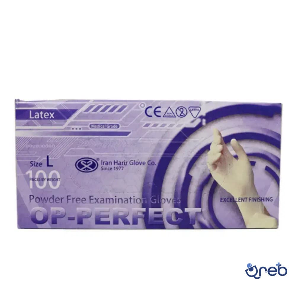 دستکش لاتکس غیر پودری مدل OP-PERFECT سایز متوسط (L) 100 عددی
