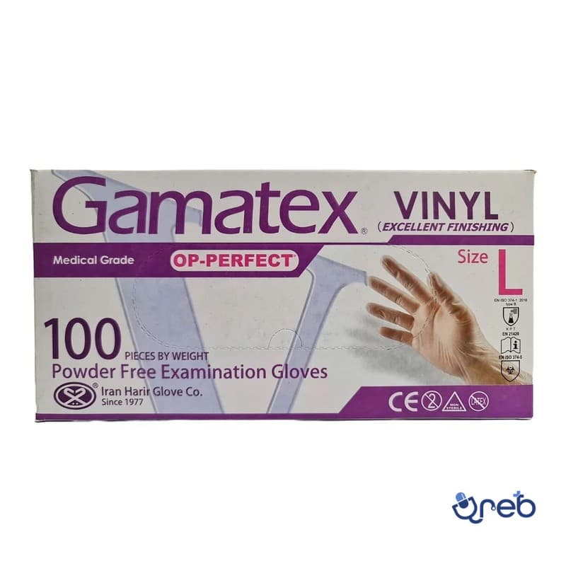 دستکش وینیل غیر پودری حریر مدل گاماتکس سایز بزرگ(L) بسته 100 عددی