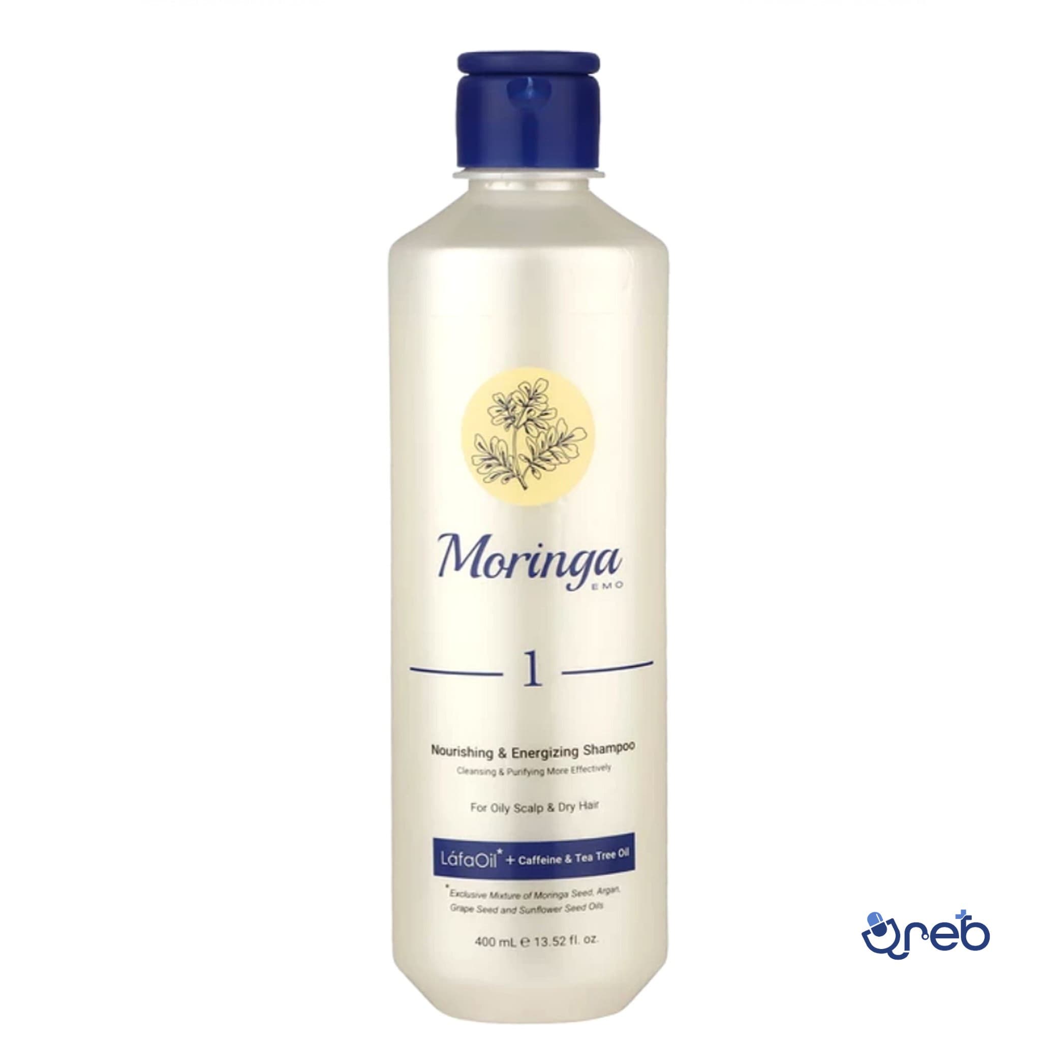 شامپو مغذی و انرژی‌بخش1 مورینگا امو مناسب پوست سر چرب و مو خشک حجم 400 میلی لیتر 
