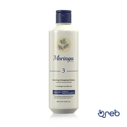 شامپو مغذی و انرژی بخش مورینگا امو 3 مناسب موهای آسیب دیده و ضعیف 