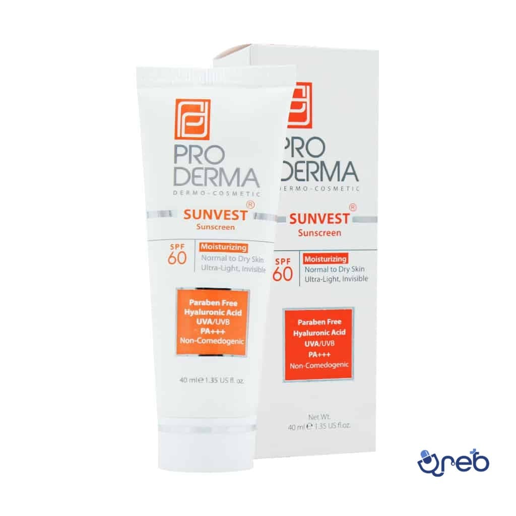 کرم ضد آفتاب و مرطوب کننده پرودرما SPF60بدون رنگ  مناسب پوست های معمولی و خشک ۴۰ میلی لیتر